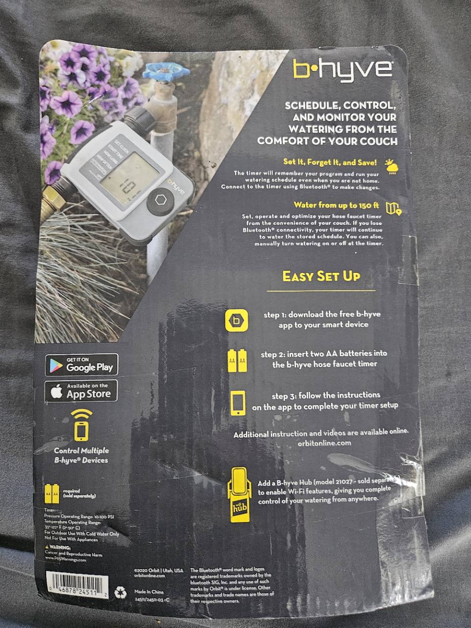 Orbit B-hyve XD 24511 packaging back showing Bluetooth, battery and separate hub information