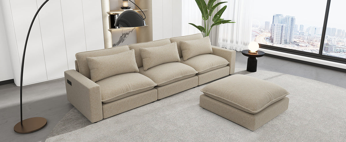 Beige Chenille 4-Seat Sectional Sofa with Ottoman & USB – 128 in