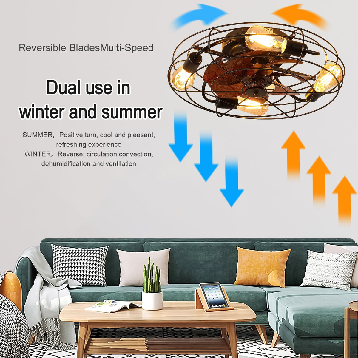 Caged Ceiling Fan With Light, 20'' Farmhouse Low Profile Ceiling Fan Lights