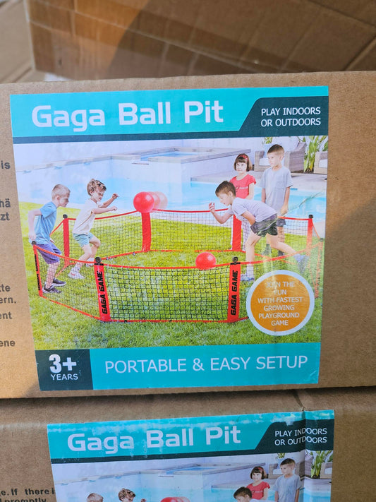 Sealed gaga ball pit cartons stacked in our barn
