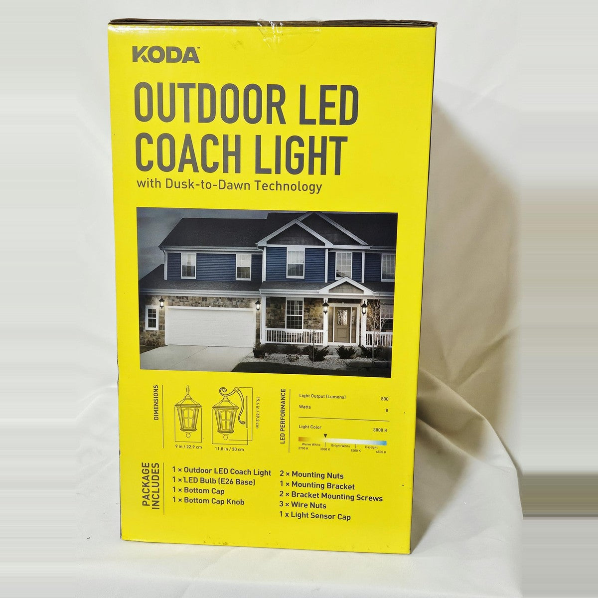 Koda outdoor LED coach light box, dimensions and contents