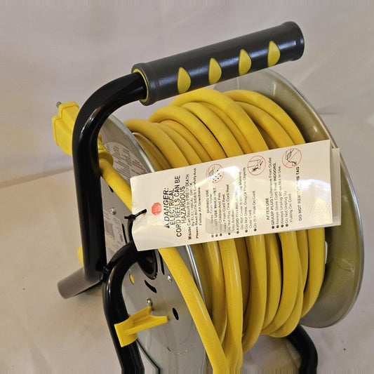 Link2Home 50 ft cord reel side view with yellow 12 AWG cord and handle