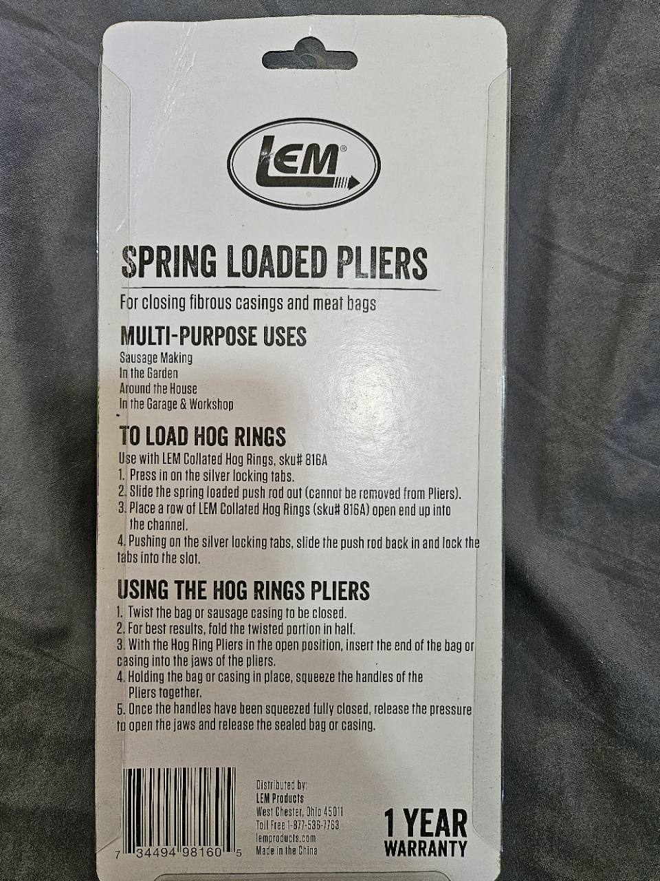 LEM spring-loaded pliers actual back package with UPC and instructions