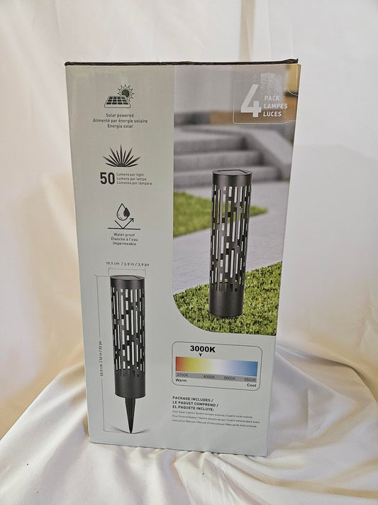 Box side showing 50 lumens per light, waterproof, 22 inch height and 3000K warm white