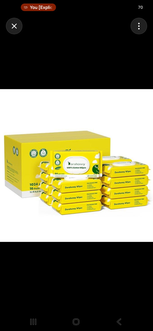 Dorahoney 100% Cotton Baby Wipes, Case of 13 Packs (832 Wipes)