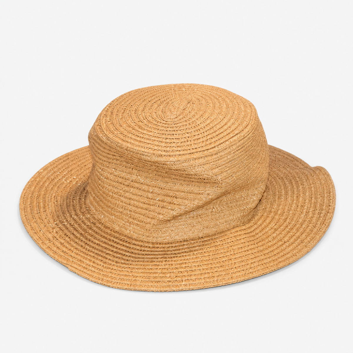 Unbranded tan woven straw-style sun hat with a wide brim and matching woven band