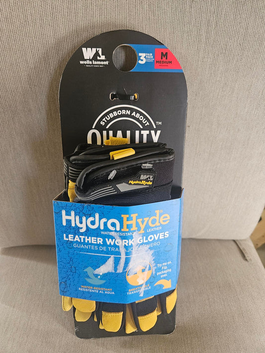 Wells Lamont HydraHyde leather work gloves, 3 pair pack, size Medium, on the original card