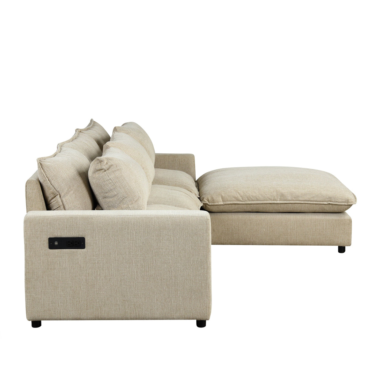 Beige Chenille 4-Seat Sectional Sofa with Ottoman & USB – 128 in