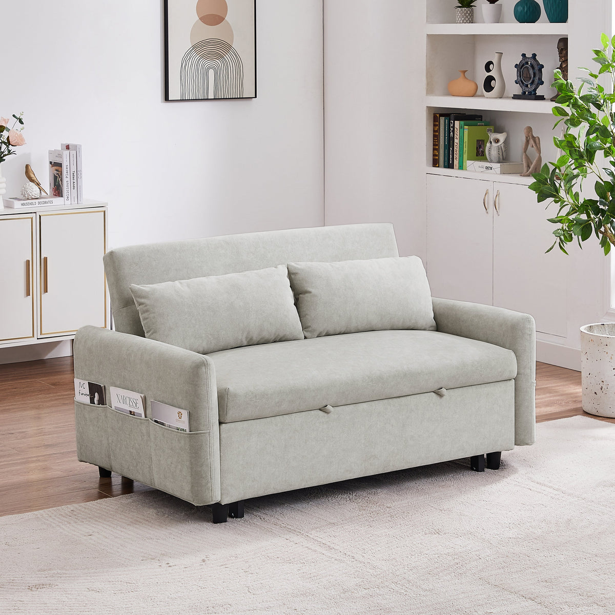 Beige 55.1-Inch Pull-Out Sleeper Loveseat with USB Charging