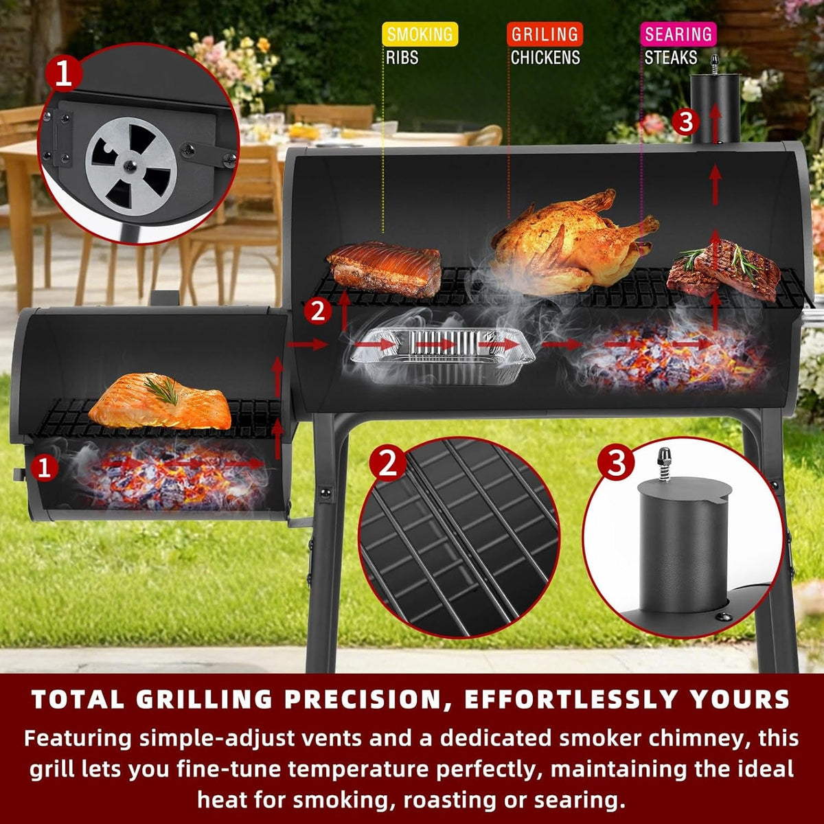 Black Charcoal Grill 535 SquareInches Offset Smoker