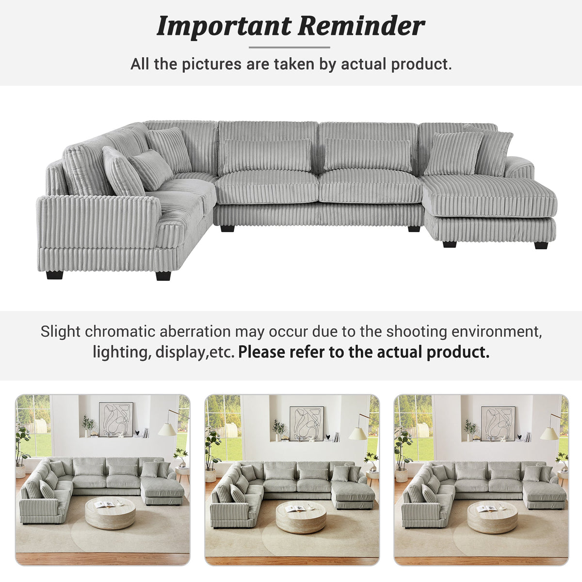 Gray Corduroy 129-Inch U-Shaped 5-Seat Sectional Sofa