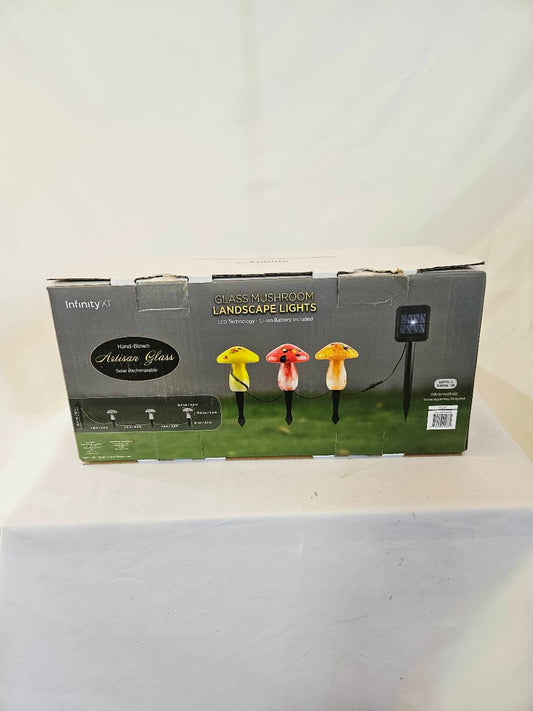 Infinity X1 solar glass mushroom lights 3-pack open-box packaging
