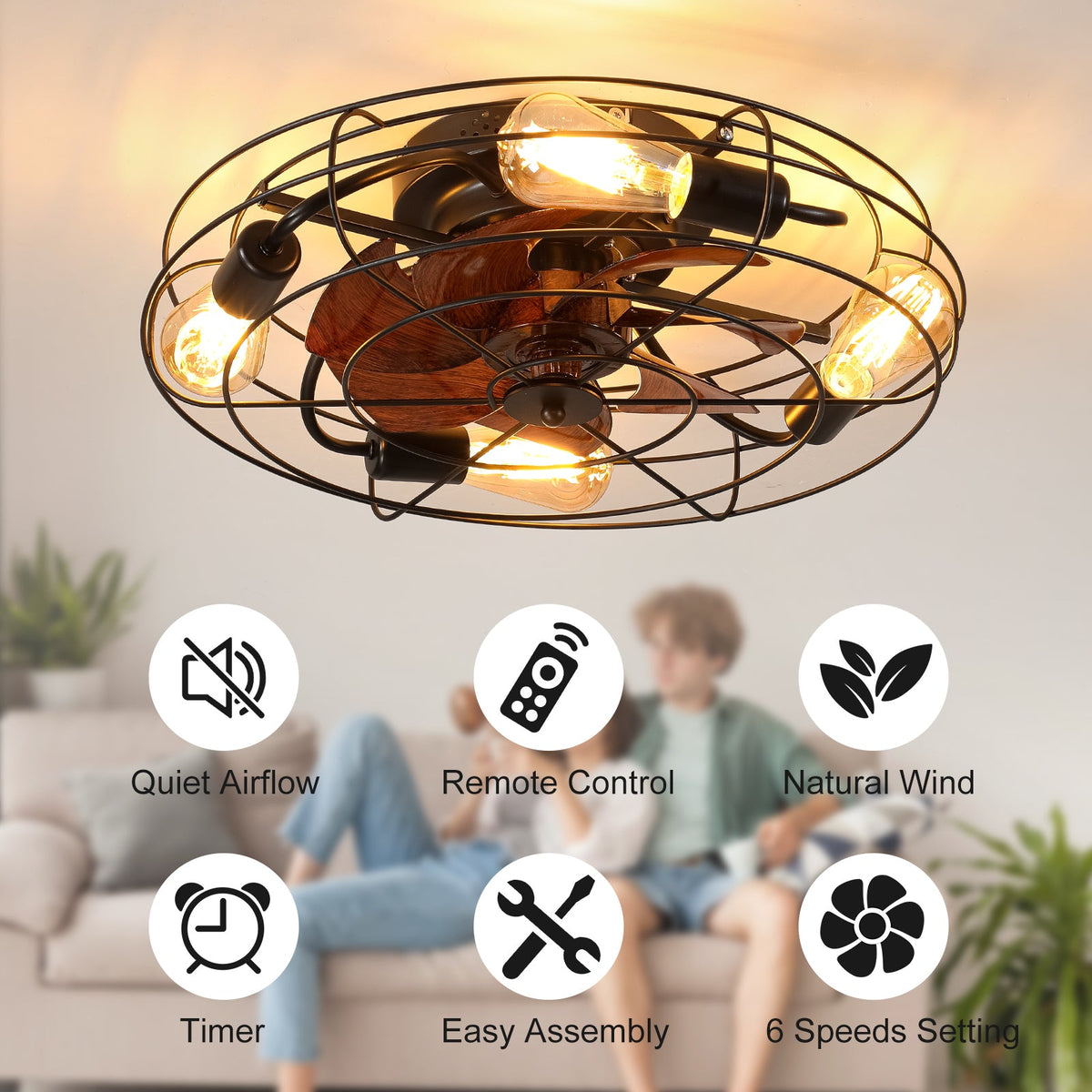Caged Ceiling Fan With Light, 20'' Farmhouse Low Profile Ceiling Fan Lights