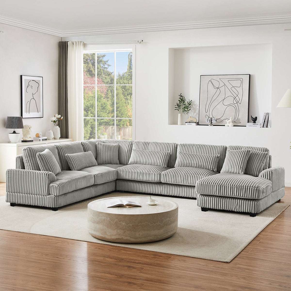 Gray Corduroy 129-Inch U-Shaped 5-Seat Sectional Sofa