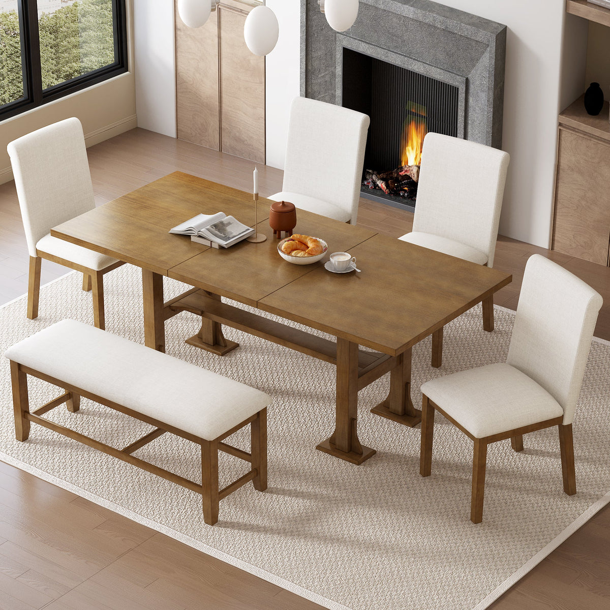 Farmhouse 76inch 6-Piece Extendable Dining Table Set Trestle Kitchen Table Set