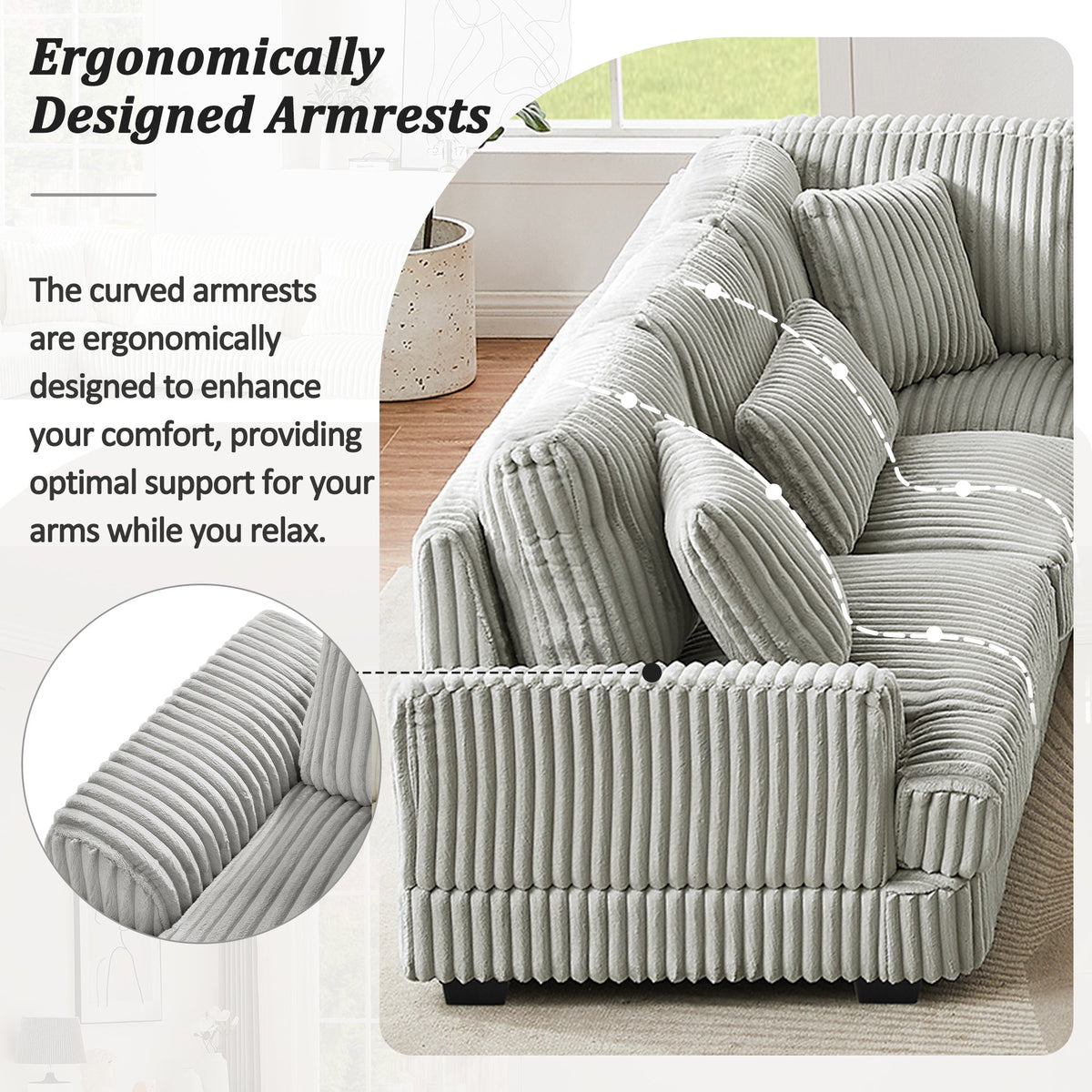Gray Corduroy 129-Inch U-Shaped 5-Seat Sectional Sofa