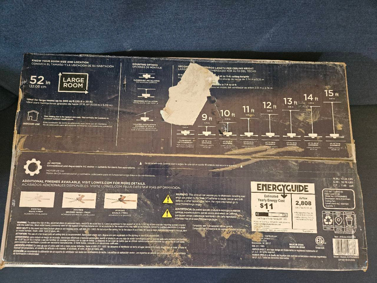 Harbor Breeze Cypress Point 52 in Matte Black Ceiling Fan CPR52MBK5 - New in Box