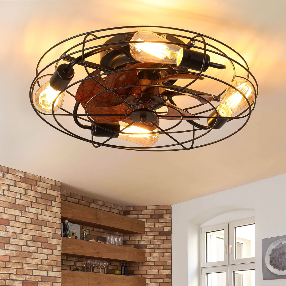 Caged Ceiling Fan With Light, 20'' Farmhouse Low Profile Ceiling Fan Lights