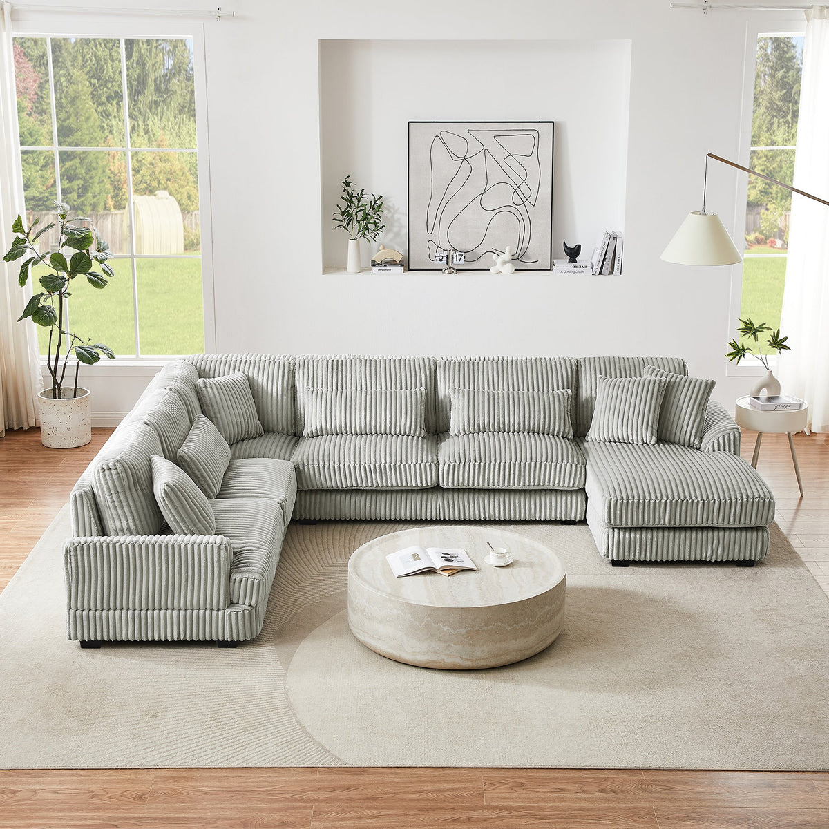 Gray Corduroy 129-Inch U-Shaped 5-Seat Sectional Sofa
