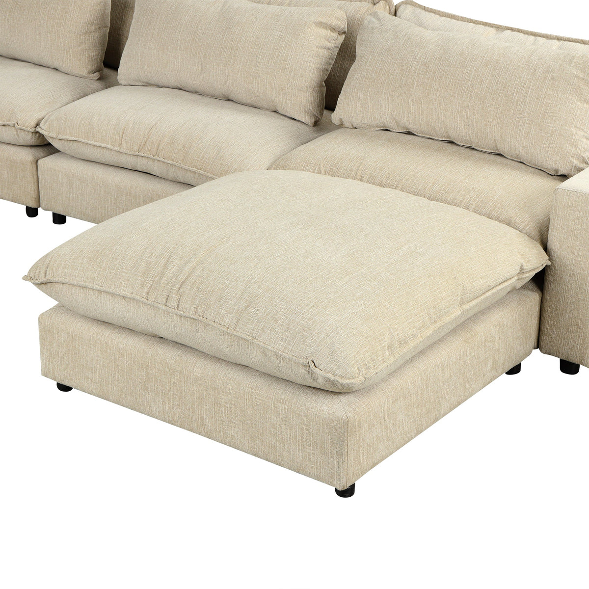 Beige Chenille 4-Seat Sectional Sofa with Ottoman & USB – 128 in