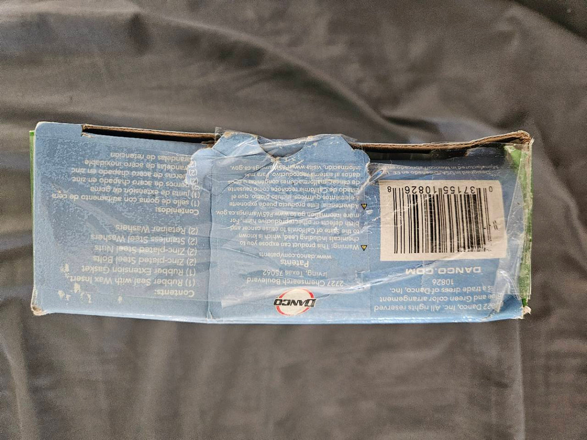 Danco 10826 box showing contents list, barcode and manufacturer warnings