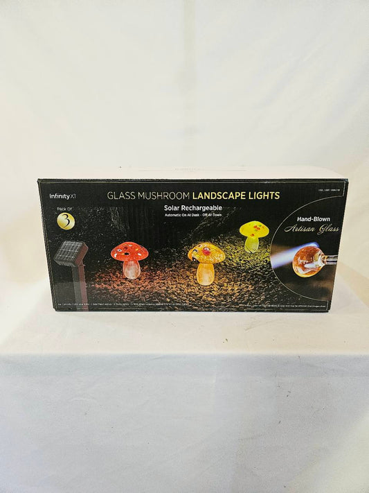 Infinity X1 solar glass mushroom lights 3-pack open-box packaging