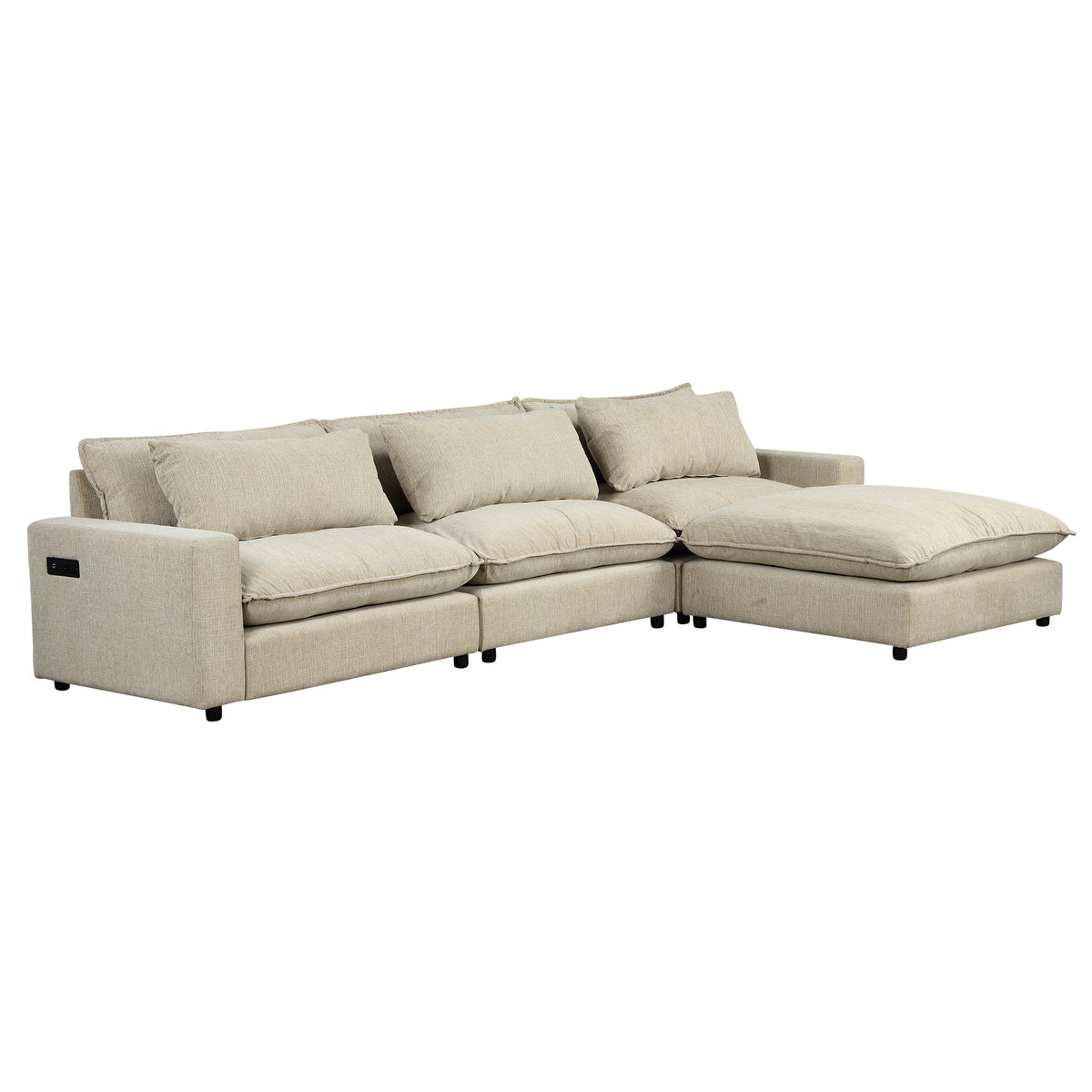 Beige Chenille 4-Seat Sectional Sofa with Ottoman & USB – 128 in