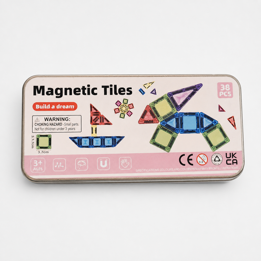 38-piece mini magnetic building tiles travel set in a pink metal storage tin
