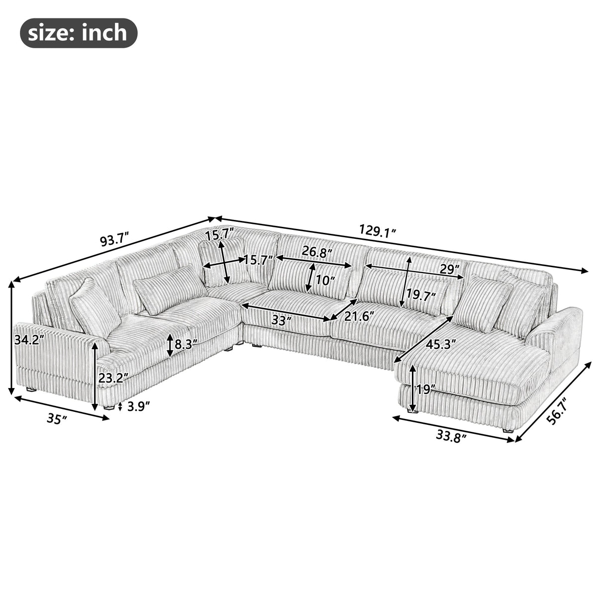 Gray Corduroy 129-Inch U-Shaped 5-Seat Sectional Sofa