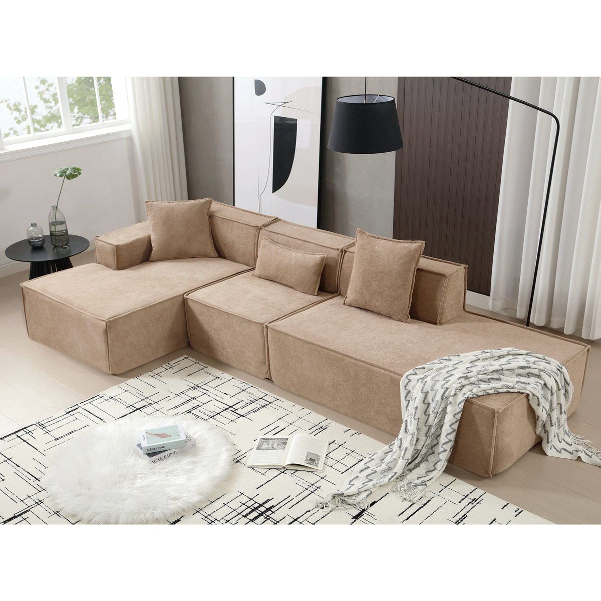 Light Brown 3-Piece Modular Sectional Sofa – 129.5 in