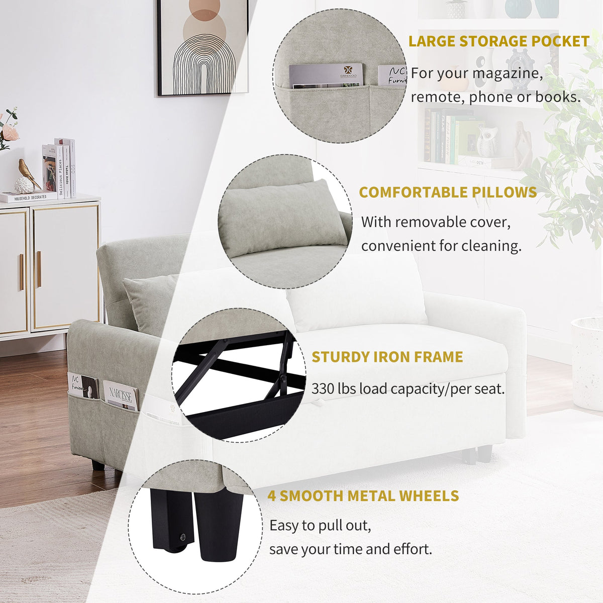 Beige 55.1-Inch Pull-Out Sleeper Loveseat with USB Charging