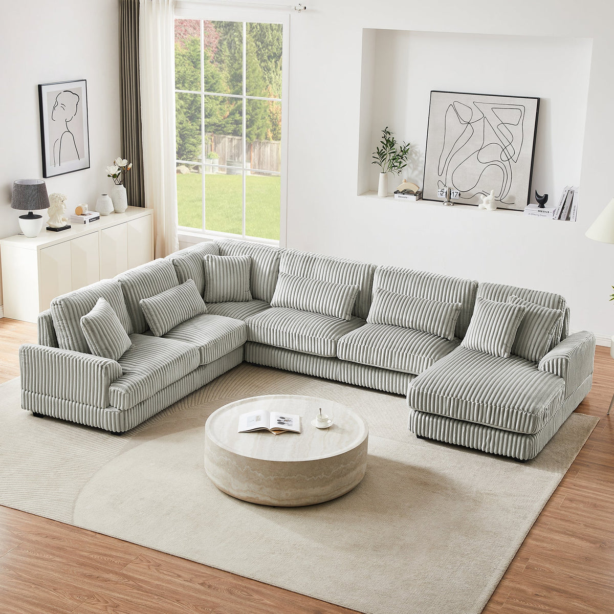 Gray Corduroy 129-Inch U-Shaped 5-Seat Sectional Sofa
