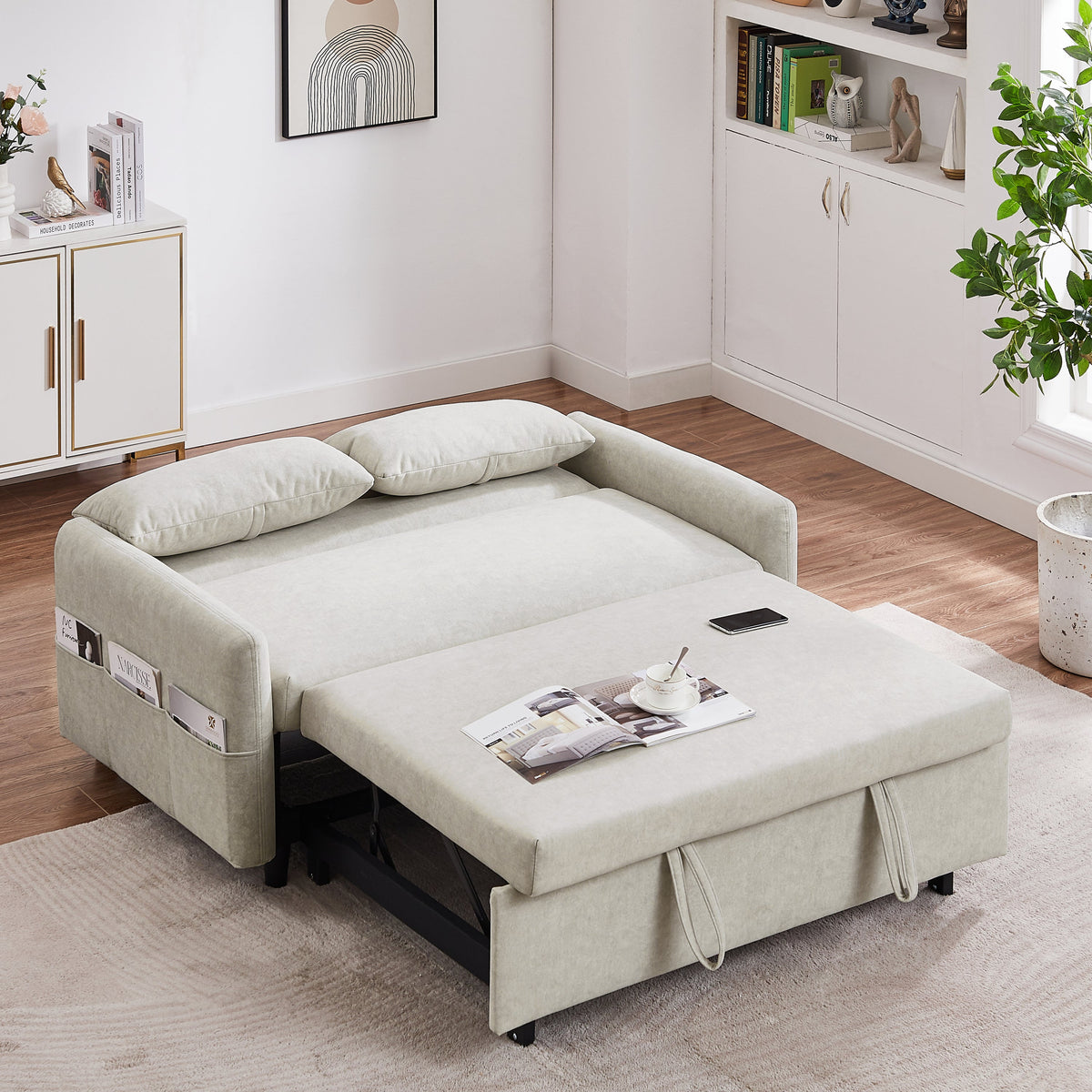 Beige 55.1-Inch Pull-Out Sleeper Loveseat with USB Charging