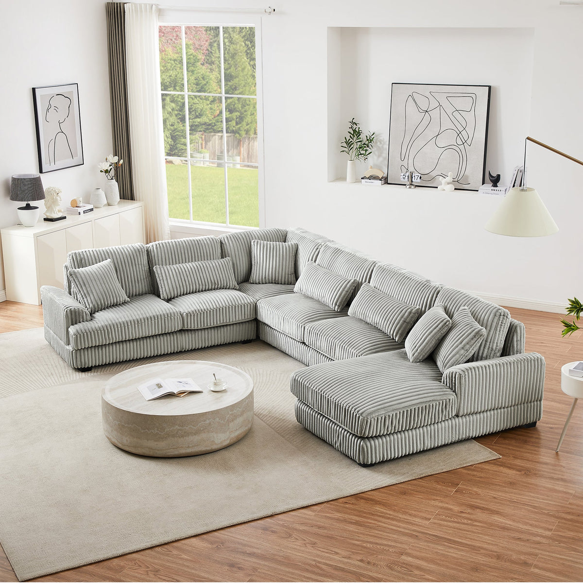 Gray Corduroy 129-Inch U-Shaped 5-Seat Sectional Sofa