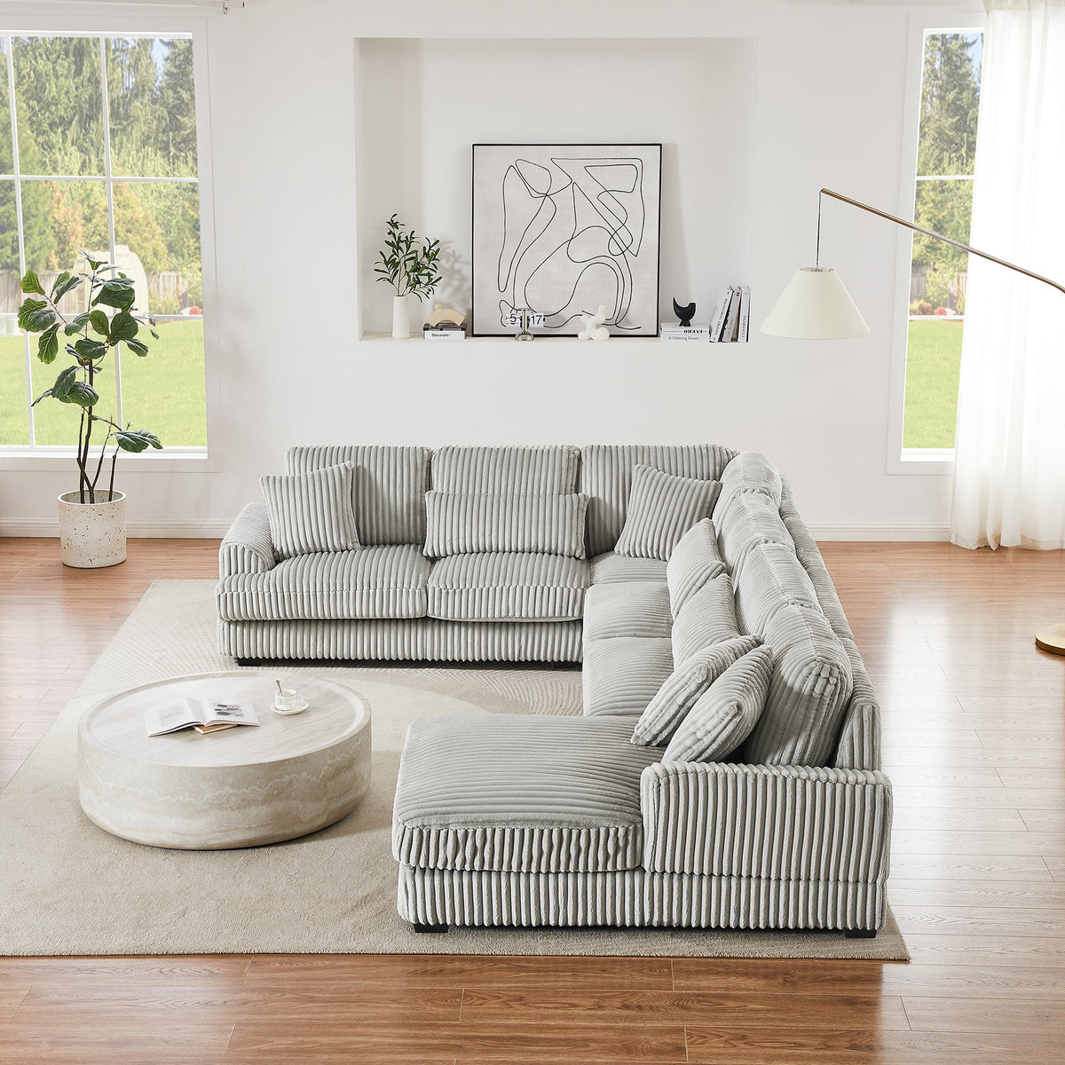 Gray Corduroy 129-Inch U-Shaped 5-Seat Sectional Sofa