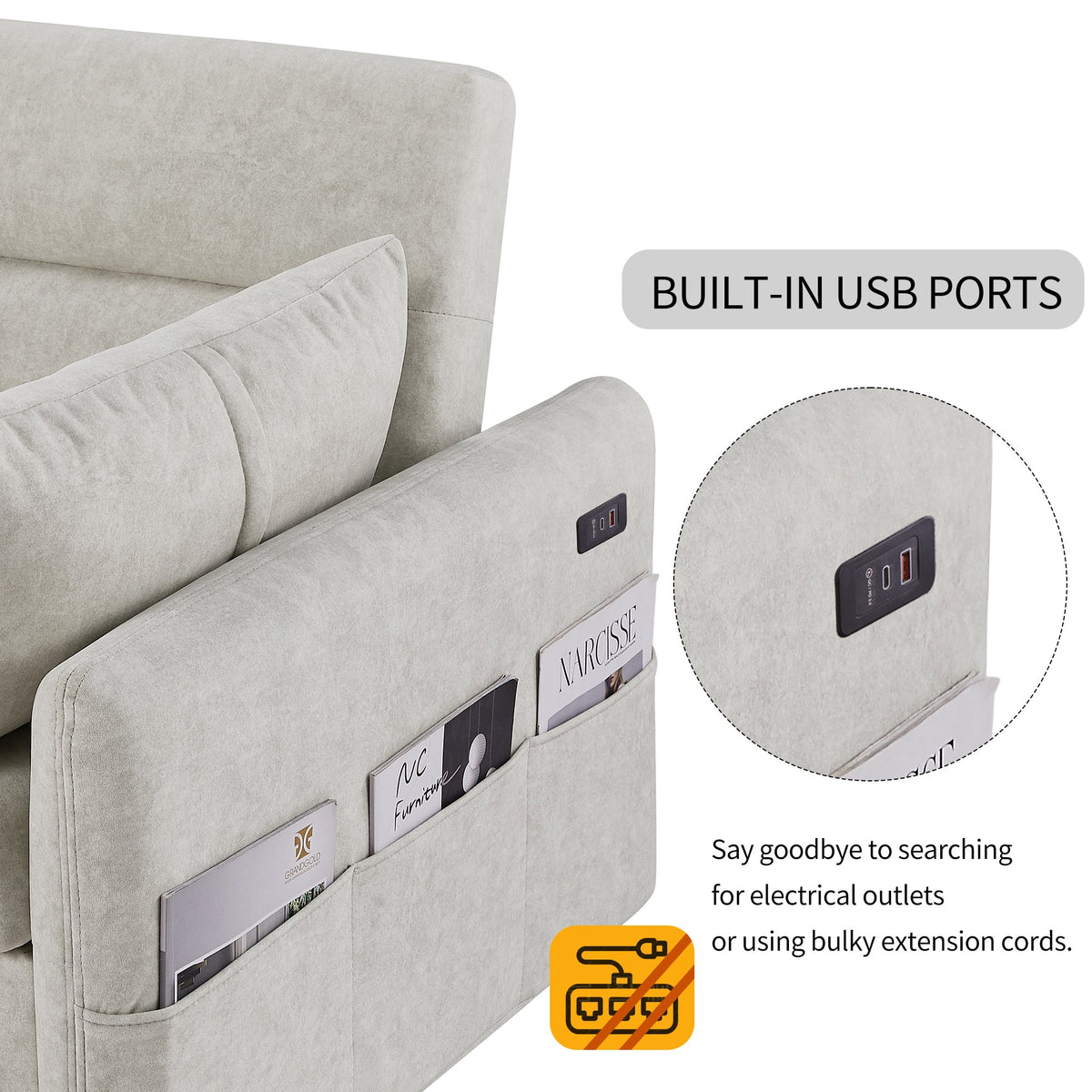 Beige 55.1-Inch Pull-Out Sleeper Loveseat with USB Charging