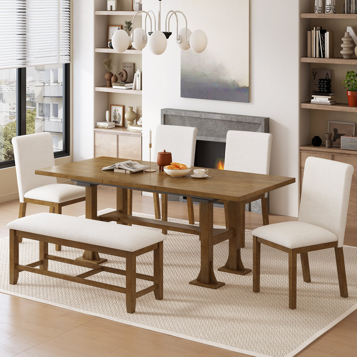 Farmhouse 76inch 6-Piece Extendable Dining Table Set Trestle Kitchen Table Set