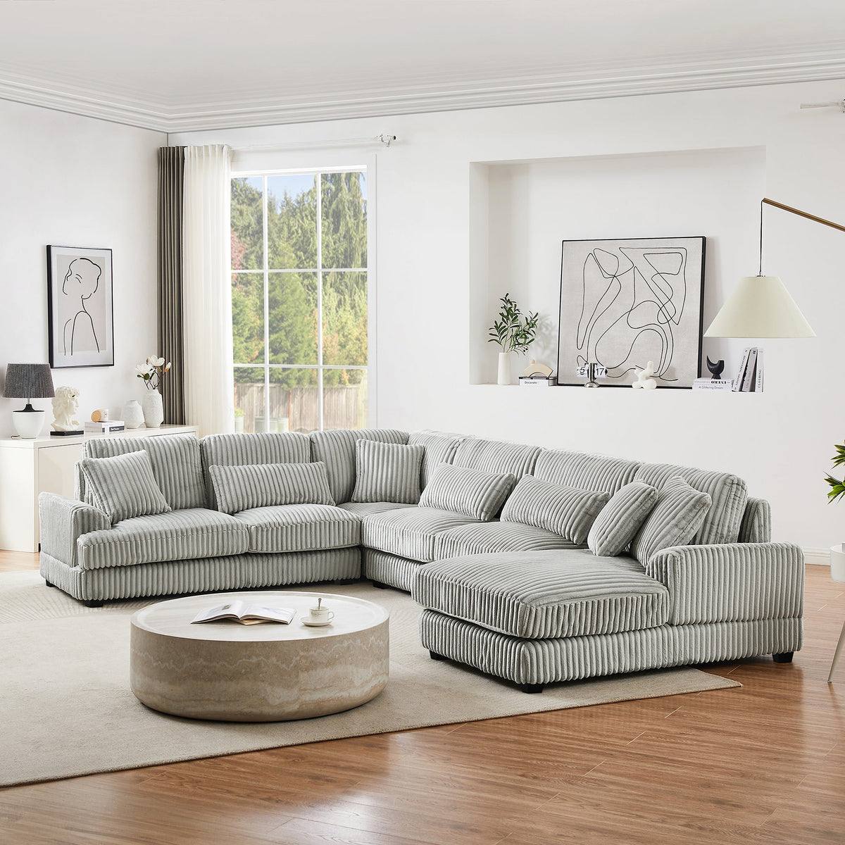 Gray Corduroy 129-Inch U-Shaped 5-Seat Sectional Sofa