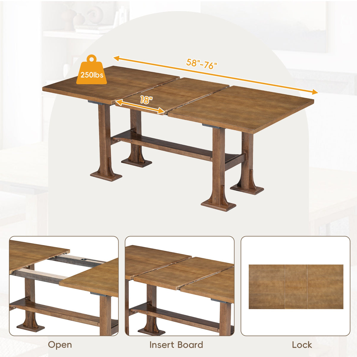 Farmhouse 76inch 6-Piece Extendable Dining Table Set Trestle Kitchen Table Set