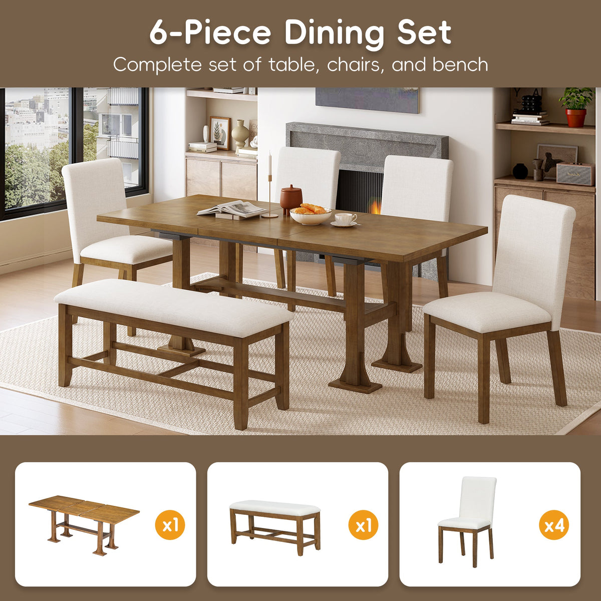Farmhouse 76inch 6-Piece Extendable Dining Table Set Trestle Kitchen Table Set