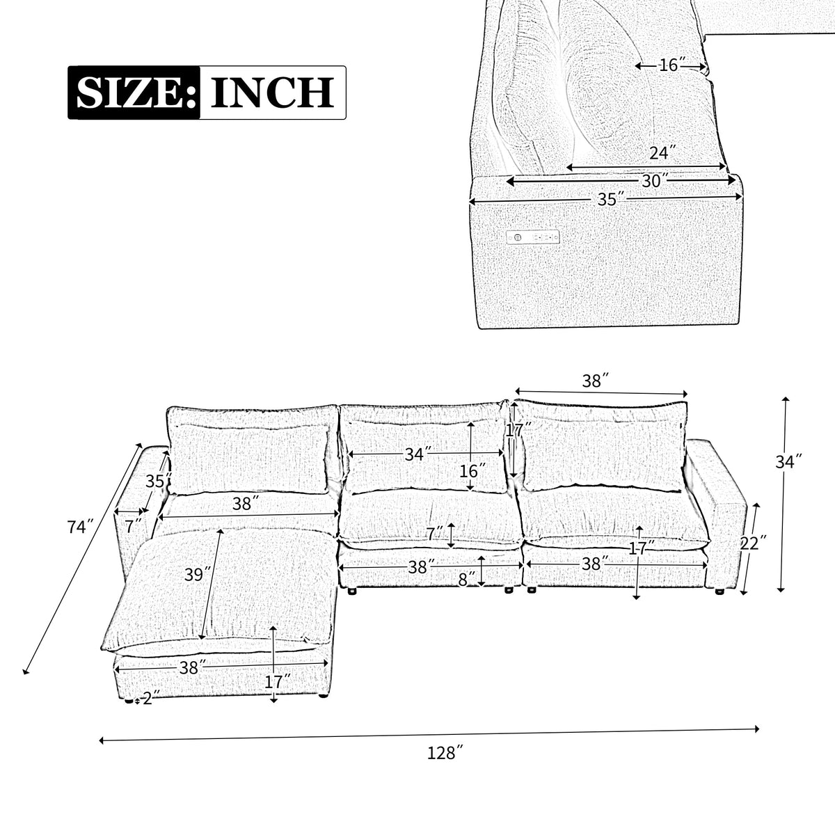 Beige Chenille 4-Seat Sectional Sofa with Ottoman & USB – 128 in