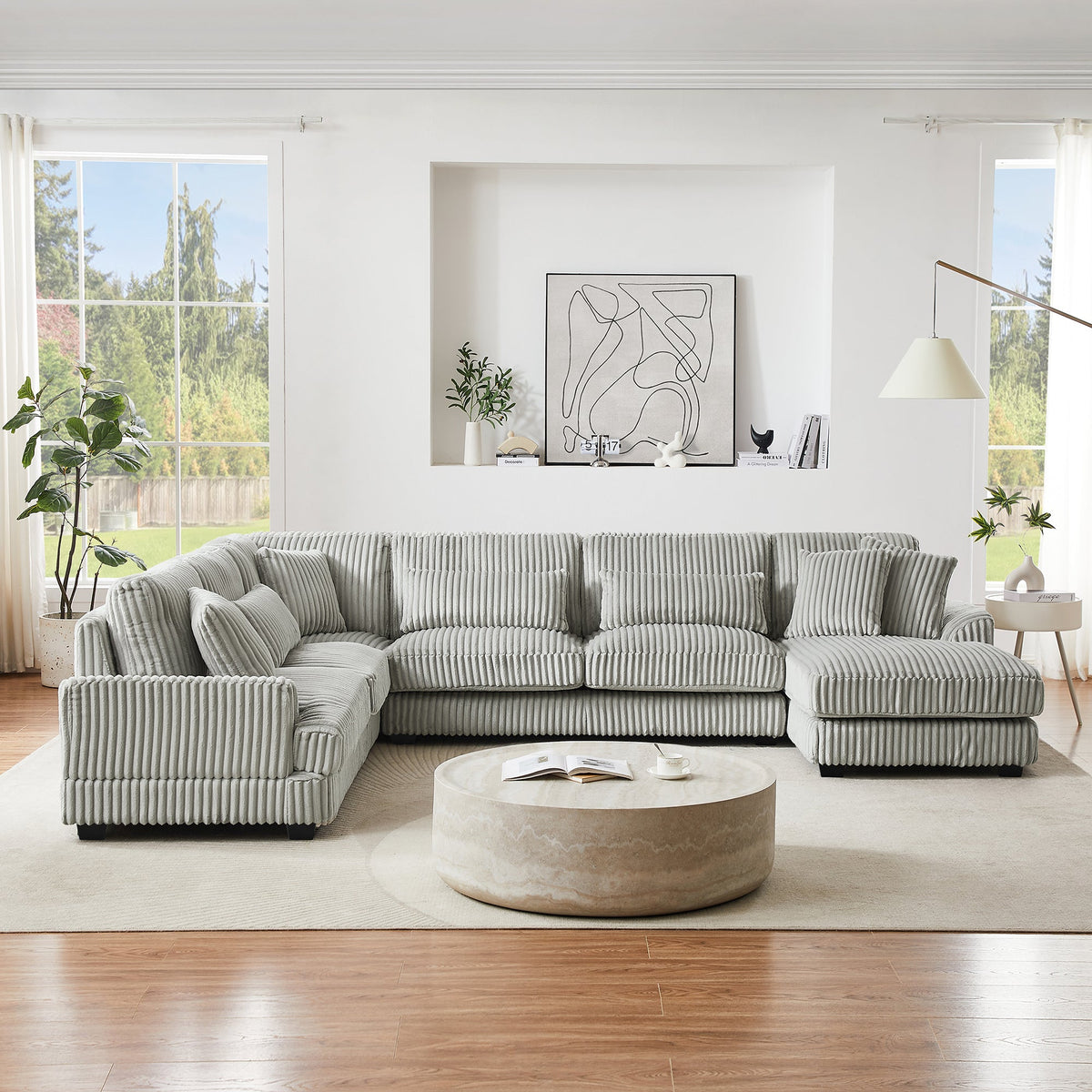 Gray Corduroy 129-Inch U-Shaped 5-Seat Sectional Sofa