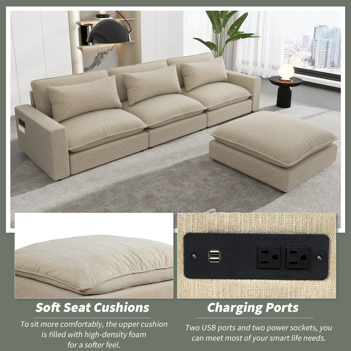 Beige Chenille 4-Seat Sectional Sofa with Ottoman & USB – 128 in
