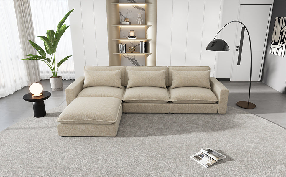 Beige Chenille 4-Seat Sectional Sofa with Ottoman & USB – 128 in