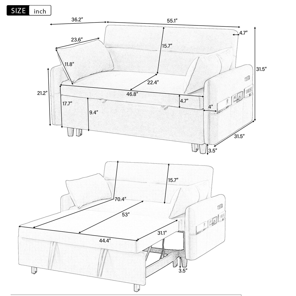 Beige 55.1-Inch Pull-Out Sleeper Loveseat with USB Charging