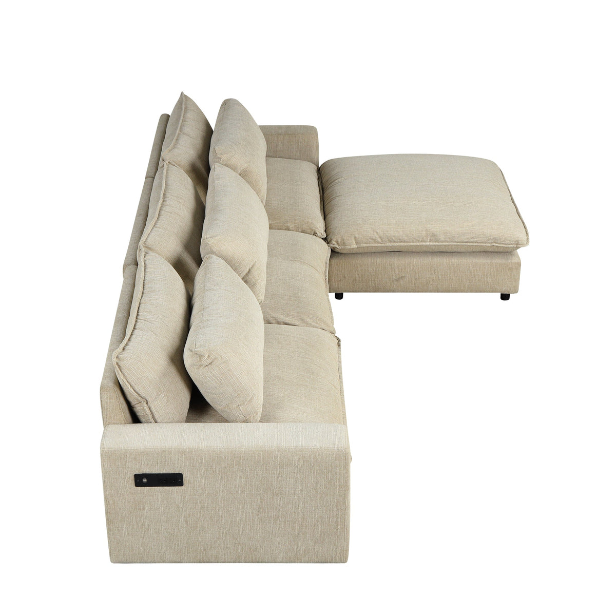 Beige Chenille 4-Seat Sectional Sofa with Ottoman & USB – 128 in