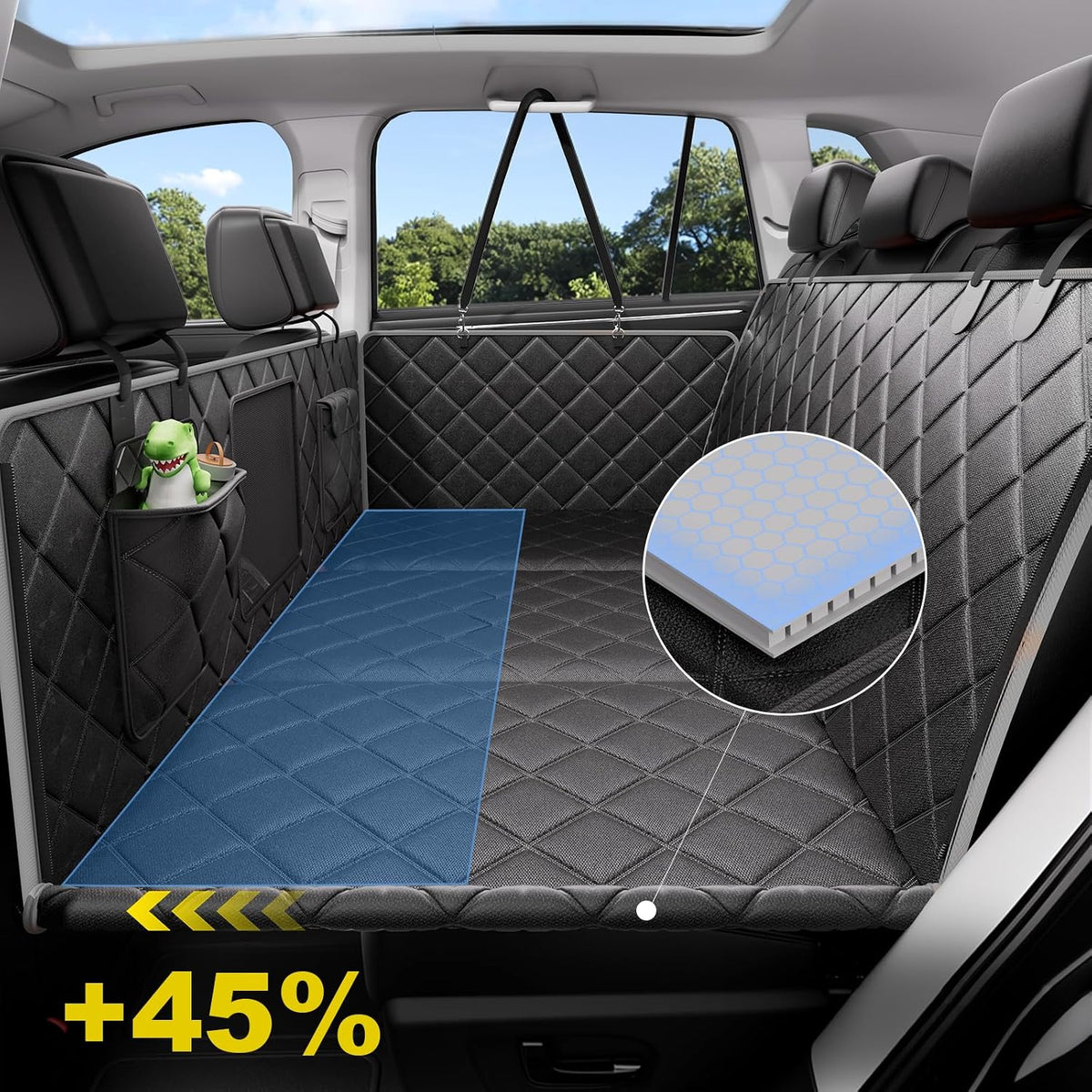 WooMeow hard-bottom dog back seat extender installed in an SUV
