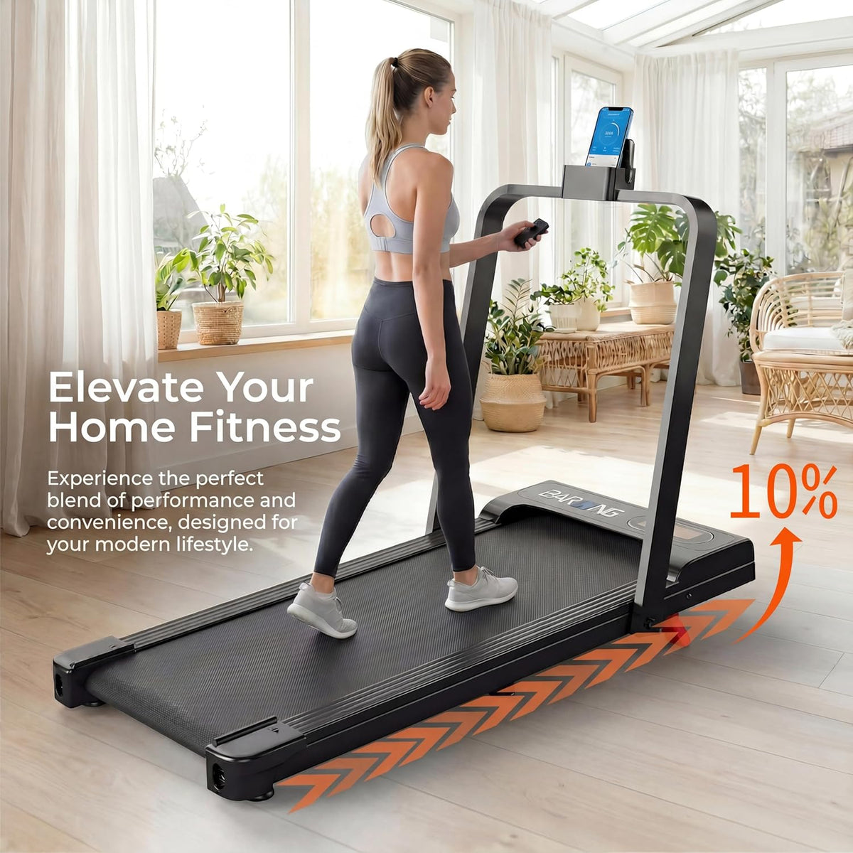 Treadmill folded flat for storage