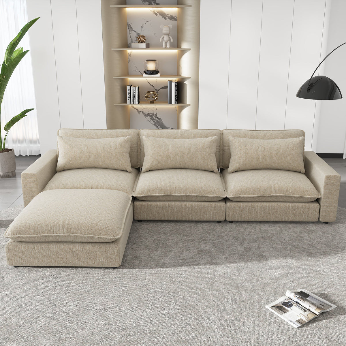 Beige Chenille 4-Seat Sectional Sofa with Ottoman & USB – 128 in