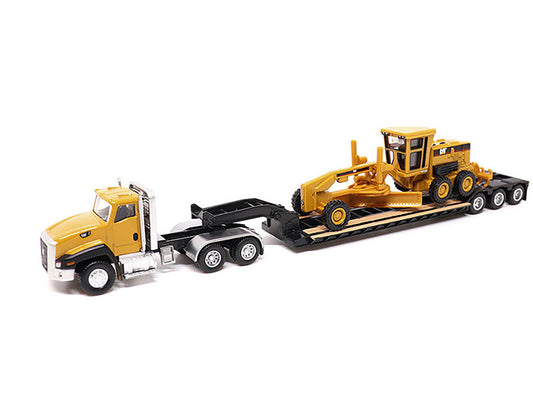 CAT Caterpillar CT660 Day Cab Tractor Yellow with Lowboy Trailer and CAT 163H Motor Grader Yellow 1/87 (HO) Diecast Model by Diecast Masters